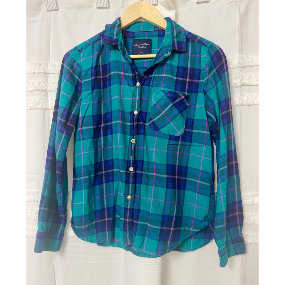 Vintage American Eagle Outfitters Womens S Plaid Flannel Button Down Teal Blue‎